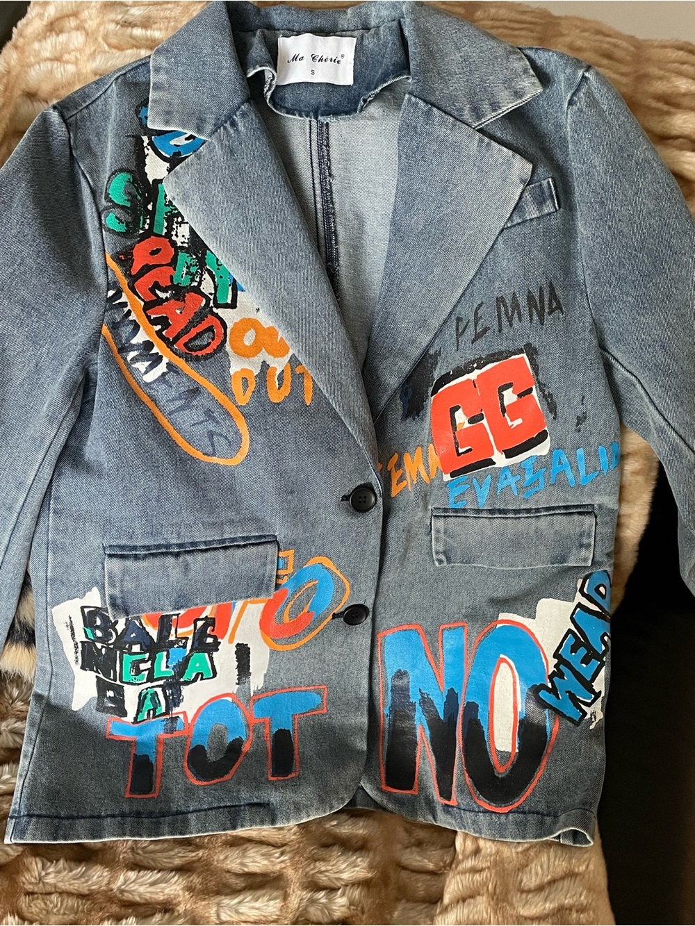 Hand-Painted Blue Denim Graffiti Blazer by Me Cherie - NWT